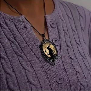 Witch And‎ Raven Cameo Black Pendant, Vintage Style Gothic Crow Glass Pendant thumbnail 12