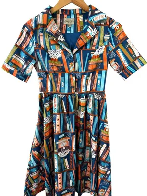 Lindy Bop Bookshelf Print Fit & Flare Shirt Dress Retro Literary Size 4 Books thumbnail 2
