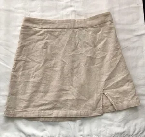 Cream tan 100% Cotton side slit mini skirt #officecore #preppy Measurement in pics thumbnail 1