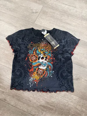 Affliction Black Cropped Graphic Tee with Multicolor Skull & Snake thumbnail 4