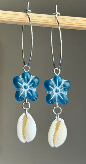 Handmade quality Czech glass flower beads & natural cowrie seashell hoop dangle earrings 🌀💕 thumbnail 1