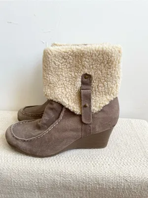 Eddie Bauer Womens Faux Fur Cuff Leather Wedge Boots Size 6.5 Tara Choc thumbnail 4