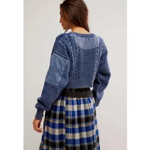 Free People Patchwork Chunky Cable Knit Heritage Cardi Cardigan Sweater Medium thumbnail 3