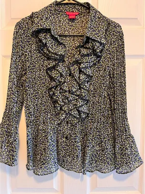 Sunny Leigh Pleated Ruffle Floral Blouse Y2K Career Top thumbnail 4