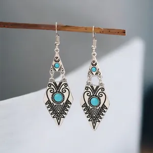 Carved Geometric Shape With Turquoise Decor Dangle Earrings Retro Bohemian Style thumbnail 8