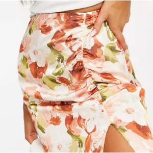 Abercrombie‎ & Fitch Womens Floral Ruched Satin Side Slit Midi Skirt Orange thumbnail 4