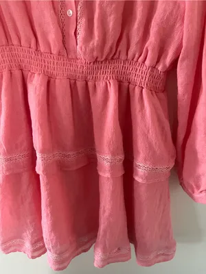 Pink Cotton Peasant Lace Shirt Mini Dress Large Button Up Cottagecore Dainty thumbnail 4