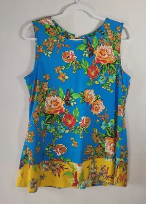 Coco Bianco Floral Open Back Sleeveless Blouse Top Blue Yellow Size L Tropical thumbnail 1