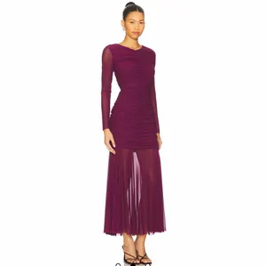 REVOLVE Long Sleeve Ruched Sheer Maxi Dress in Plum thumbnail 5