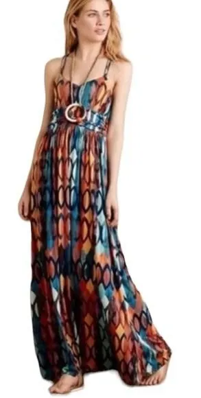 Anthropologie Maeve‎ Noetzie Multicolor Geometric Crisscross Back Maxi Dress Med thumbnail 1