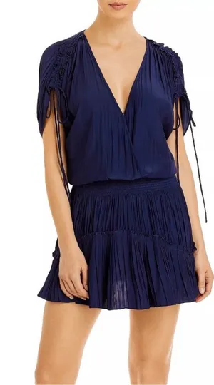 Ramy Brook Tilda Dress Women’s Size XXS Crossover Mini Ruffle Smocked navy blue thumbnail 1