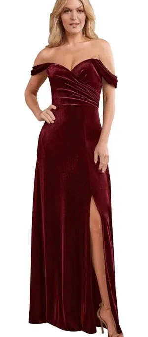 Elegant Off-Shoulder Burgundy Evening Gown bridesmaid holiday dress! thumbnail 1