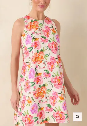 Sleeveless Floral A-Line Dress in Pink and Green thumbnail 1