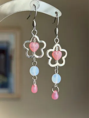 Handmade cute fairy flower Czech glass mix dangle earrings 🌸🤍 thumbnail 3
