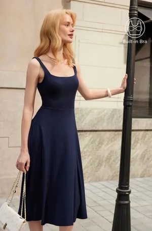 OGL Move Square Neck Flowy Midi Bra Dress Midnight Navy Blue Small NEW thumbnail 1
