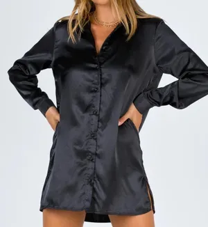 Princess Polly 90210 Satin Shirt Mini Dress In Black thumbnail 3