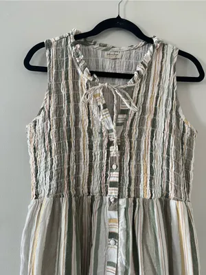 Green White Striped Cotton Tiered Button Up Maxi Dress Small Coastal Resort thumbnail 2