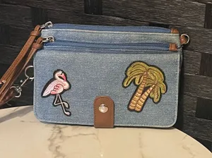 Vtg 1990's DENIM CLUTCH BAG BEACH THEME UNBRANDED FLAMINGO/PALM TREE thumbnail 1