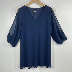 LULUS Shifting Dears Navy‎ Blue Chiffon Cold Shoulder Long Sleeve Shift Dress thumbnail 3