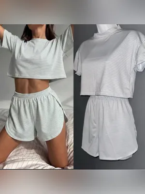 Women’s Matching Pajama Set Short Sleeve Top & Shorts Grey/White Medium thumbnail 2