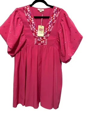 ENTRO BUBBLE SLEEVE DRESS Embroidered Size S Hot Pink thumbnail 1