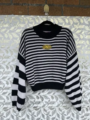 UNIF Logo Striped Oversized Sleeve Crop Sweater Medium Y2K Indie Sleaze thumbnail 4