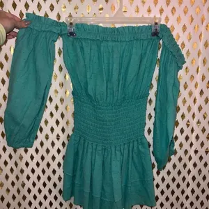 Rays for days mini dress teal blue off shoulder ruched size M thumbnail 4