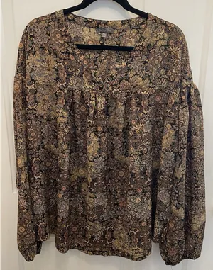 Cotton Bleu‎ Black Floral Long Sleeve Blouse Womens XL Dark Academia Career thumbnail 1