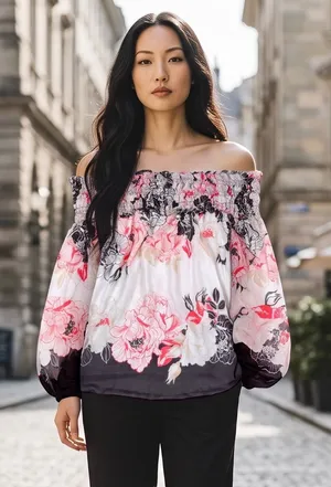White House Black Market Floral Smocked Off Shoulder Blouse Pink Black Large thumbnail 1