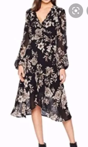 Bardot Size 6‎ Black Tan Floral Romantic Long Bubble Sleeve Wrap Dress thumbnail 1