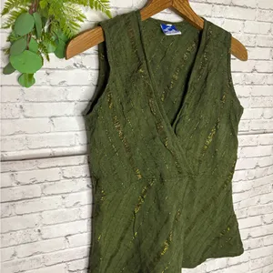 Vintage Cotton Green Striped Surplice Boho Sleeveless Top thumbnail 3