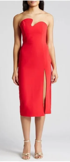 New Women's Amanda Uprichard Puzzle Strapless Midi Dress Lipstick Red Sz M thumbnail 1