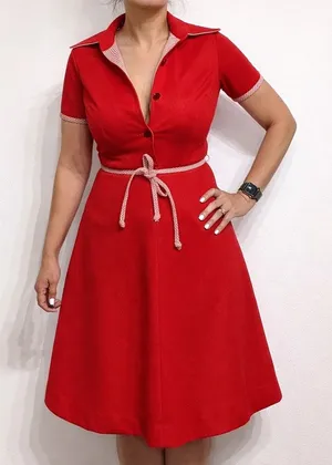 Cari Lu Red Dagger Collar Belted Fit Flare Vintage Midi Dress Sz 10 thumbnail 1