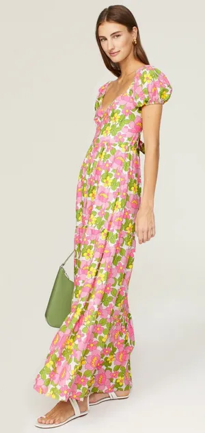 Show Me Your MuMu Cathy Pink Retro Floral Sweetheart Tie Back Puff Maxi Dress M thumbnail 1