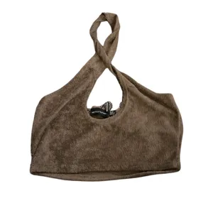 PrettyLittleThing Brown Towelling Cross Over Halter Crop Top S 6 thumbnail 4