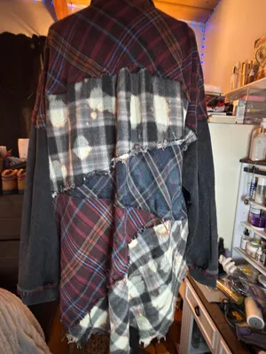 Oli & Hali Black and Burgundy Plaid Patchwork Jean Shacket thumbnail 7