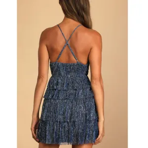 Lulus Tiered Mini Dress Womens Size Medium Blue Silver Metallic Pleated Cocktail thumbnail 2