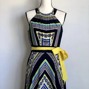 Eliza J Geometric Scarf Print Sleeveless Maxi Dress‎ in Blue/Yellow thumbnail 3