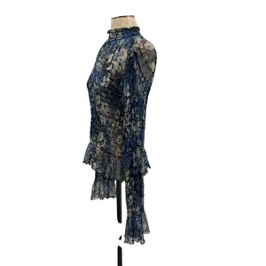 Free People Hello There Top‎ Blouse Smocked Flare Sleeve Mesh Floral Blue Large thumbnail 8