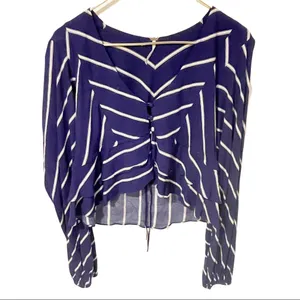 Free People‎ Medium Blue Stripe Samifran Ruffle Tie Front Cropped Top Blouse thumbnail 2