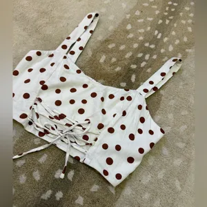 Abercrombie & Fitch BNWOT white brown polka dot crop front tie tank top women L thumbnail 3