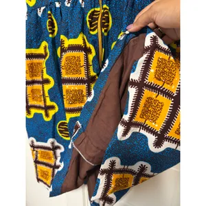 African Wax Print Fit and Flare Dress Blue Yellow Geometric Square Neck thumbnail 12