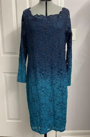 🌹ONYX Nite Women's Short Stretch Lace with Chiffon Drape, Blue Ombré, Size 12 thumbnail 1