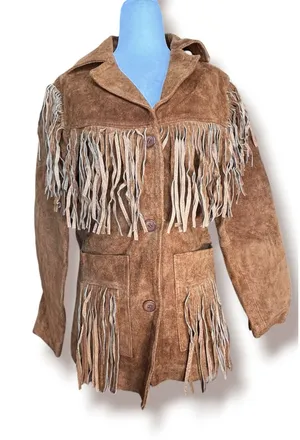 Vintage Tan Suede Leather Fringe Jacket‎ Western Boho Cowgirl Leather Coat Small thumbnail 1
