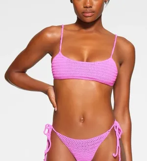 Skims Crochet Swim Scoop Bikini Top NWT Taffy Pink Women's Size Large thumbnail 1