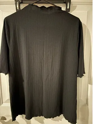 Ann‎ Taylor Factory Ribbed Ruffle Mock Neck Top Blouse Short Sleeve Black Sm thumbnail 1