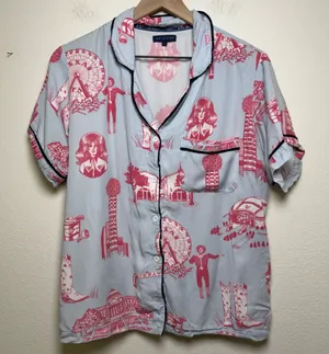 Katie Kime‎ Women Cotton Pajama Top Small Blue Pink Texas Toile Western Big Tex thumbnail 1