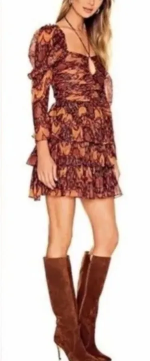 Revolve House of Harlow The Neck Ruffle Mini Dress Long Sleeve Rust Copper Sz M thumbnail 1