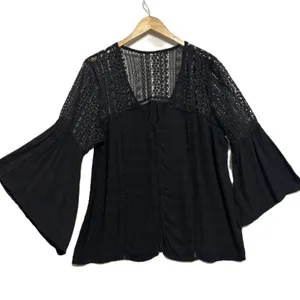 Bell Sleeve Blouse Black Crochet Lace Boho Peasant Festival Date Casual Hippie L thumbnail 2