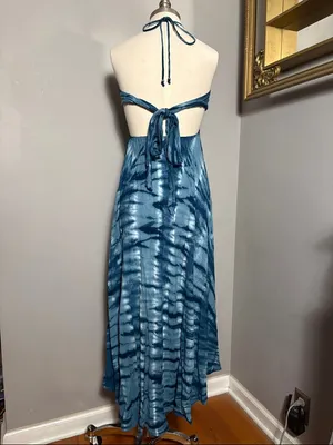 Tiare Hawaii Small Medium Blue Tie-Dye Halter Maxi Dress thumbnail 2